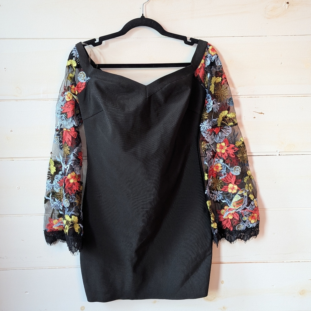 WOW Couture dress women’s L black bodycon embroidered mesh sleeve cocktail NWT